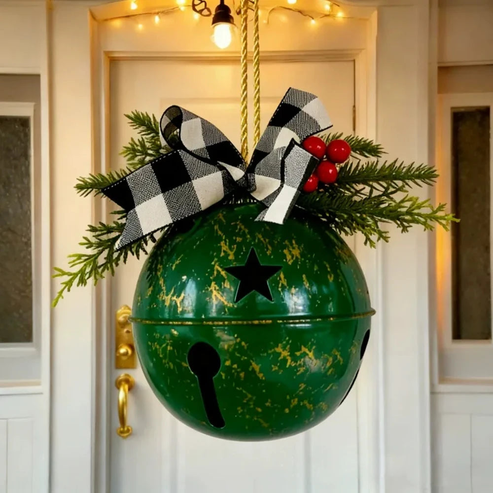 Giant Christmas bell ornaments with ribbons, Christmas tree hanging bell balls, for festive winter farm style decoration.