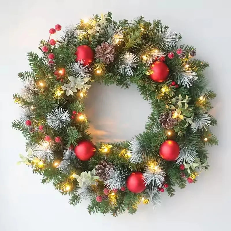 20-60cm Christmas Wreath with LED Fairy Light Door Hanging Garland Pine for Home Decorations Xmas Party Supplies Happy New Year