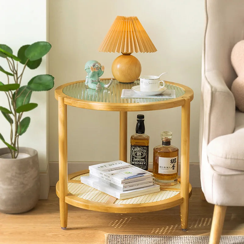 Round coffee table tea table living room household tea table light luxury modern small apartment solid wood bedroom glass