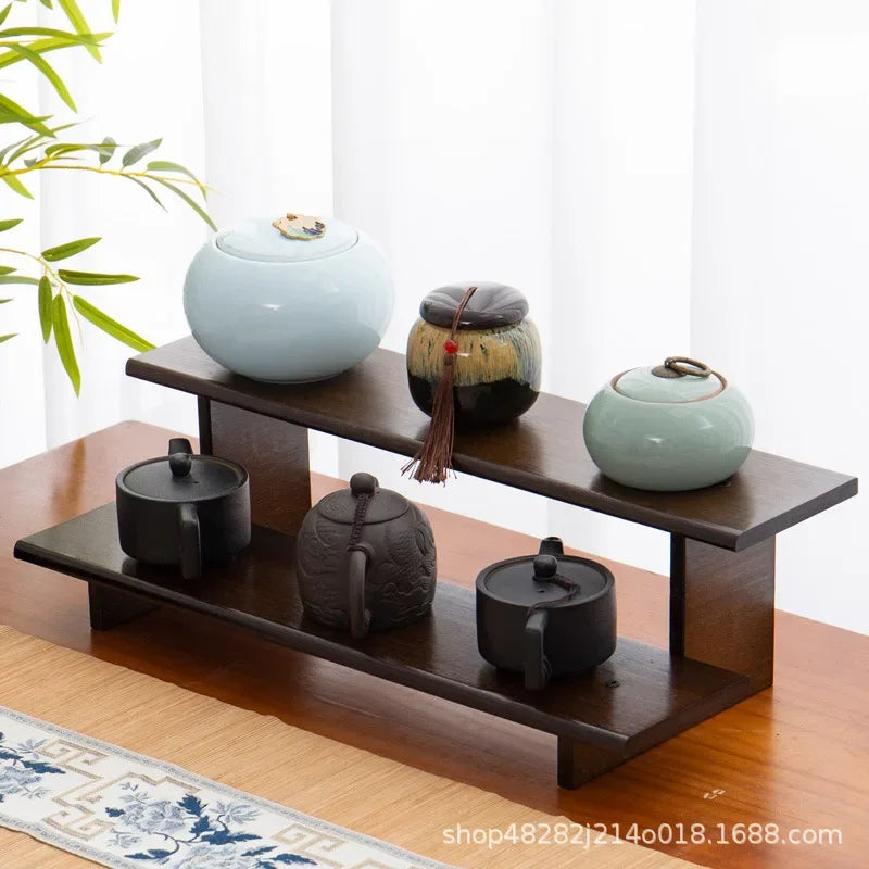 Desktop tea cup rack, small desktop bookcase, solid wood tea set, teapot, tea canister, stationery box, storage and shelving rac