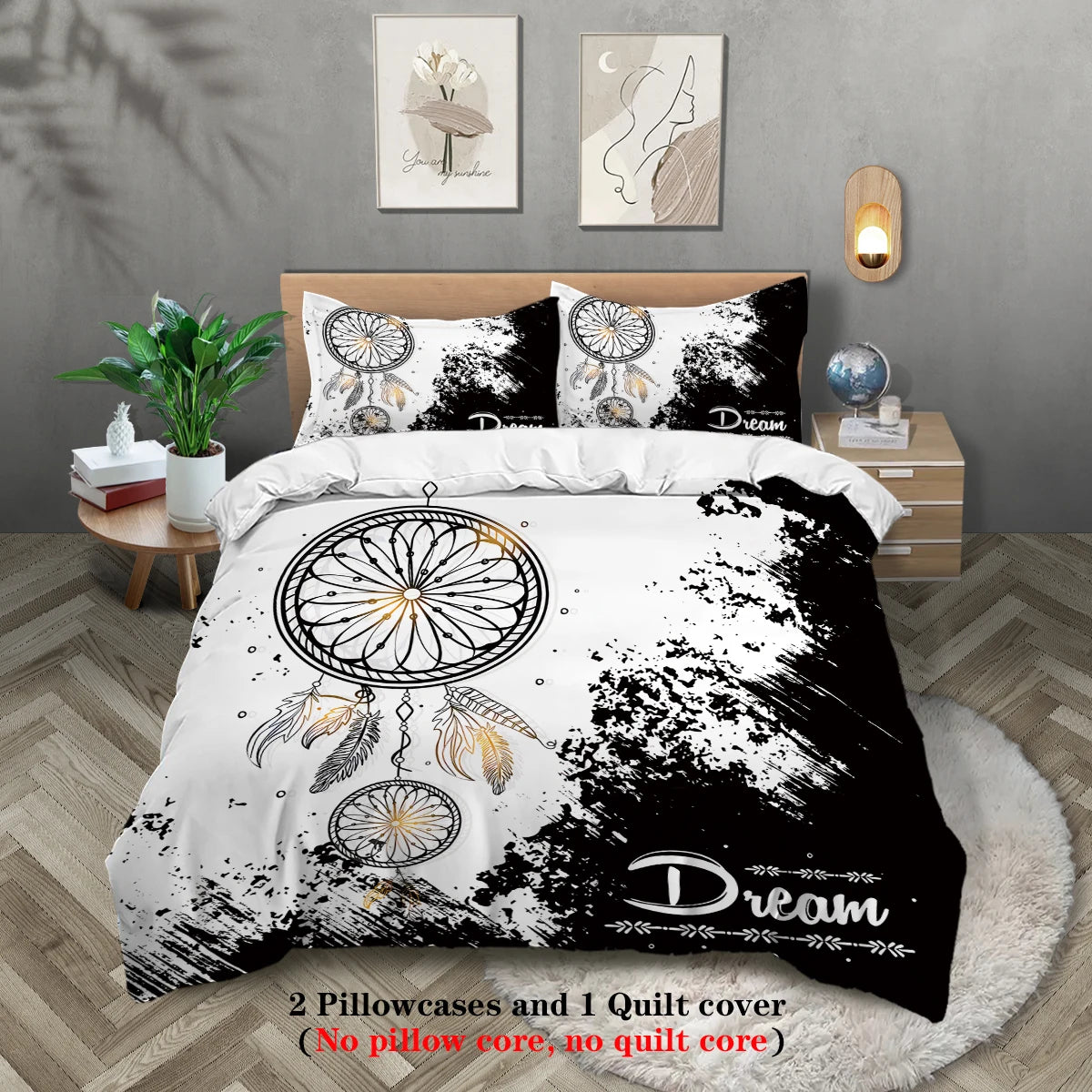 3-piece set, black and white dream catcher pattern printed bedding set, queen, king, double bed, for bedroom, guestroom, hotel