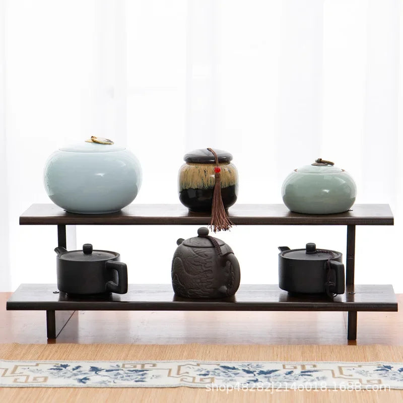 Desktop tea cup rack, small desktop bookcase, solid wood tea set, teapot, tea canister, stationery box, storage and shelving rac