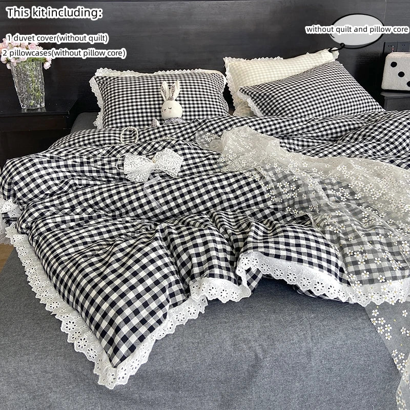 3pcs Black white plaid Duvet cover set (1*Duvet Cover + 2*Pillowcase, Without Core), lace Bedding Set, Soft Comfortable