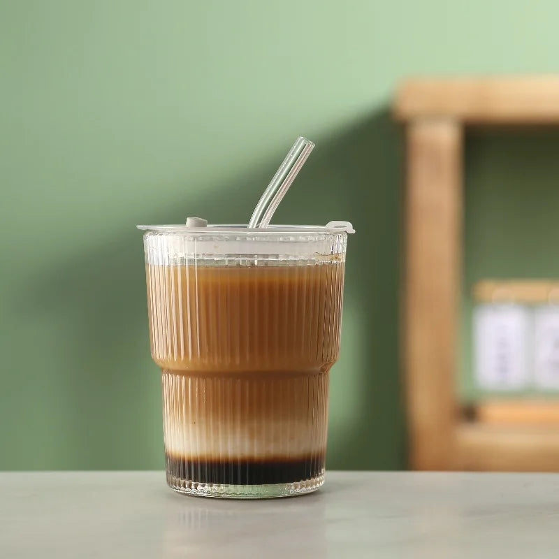 Transparent Glass Cup High Aesthetic Value Vertical Stripes Bamboo Joints Coffee Cup with Lid and Straw Home Portable Water Cup