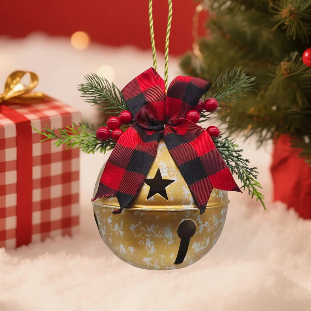 Giant Christmas bell ornaments with ribbons, Christmas tree hanging bell balls, for festive winter farm style decoration.