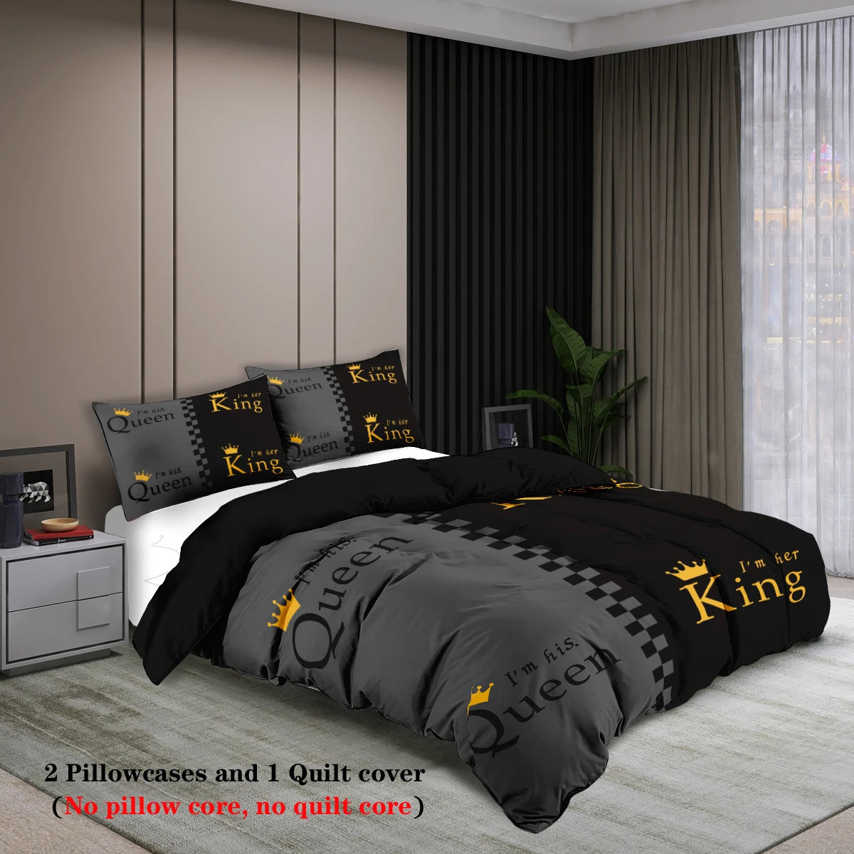 3pcs fashionable black gray crown design printed bedding set, soft, comfortable and breathable down duvet cover, bedroom, hotel