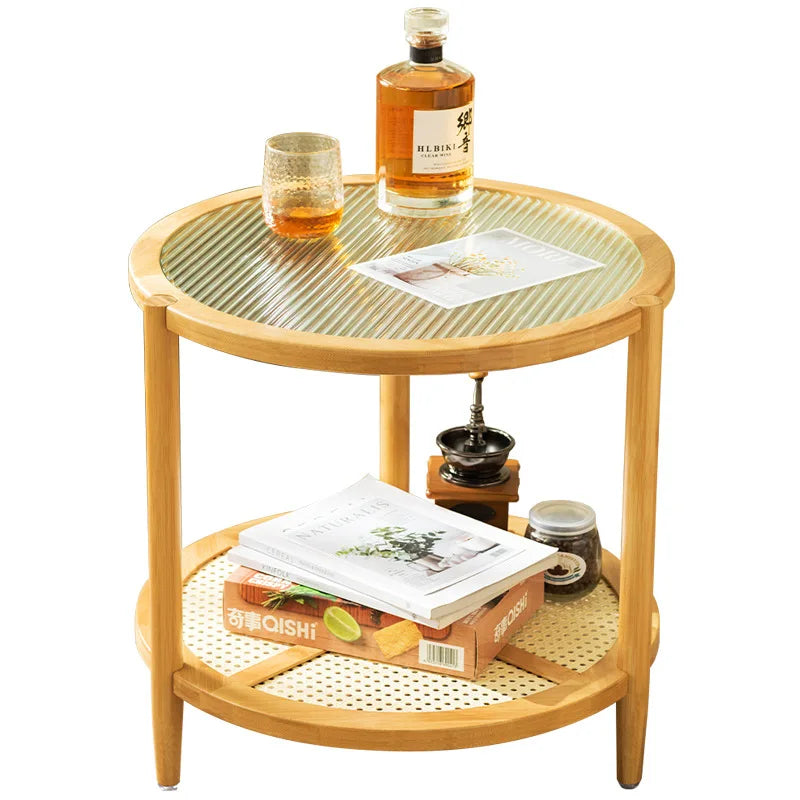 Round coffee table tea table living room household tea table light luxury modern small apartment solid wood bedroom glass