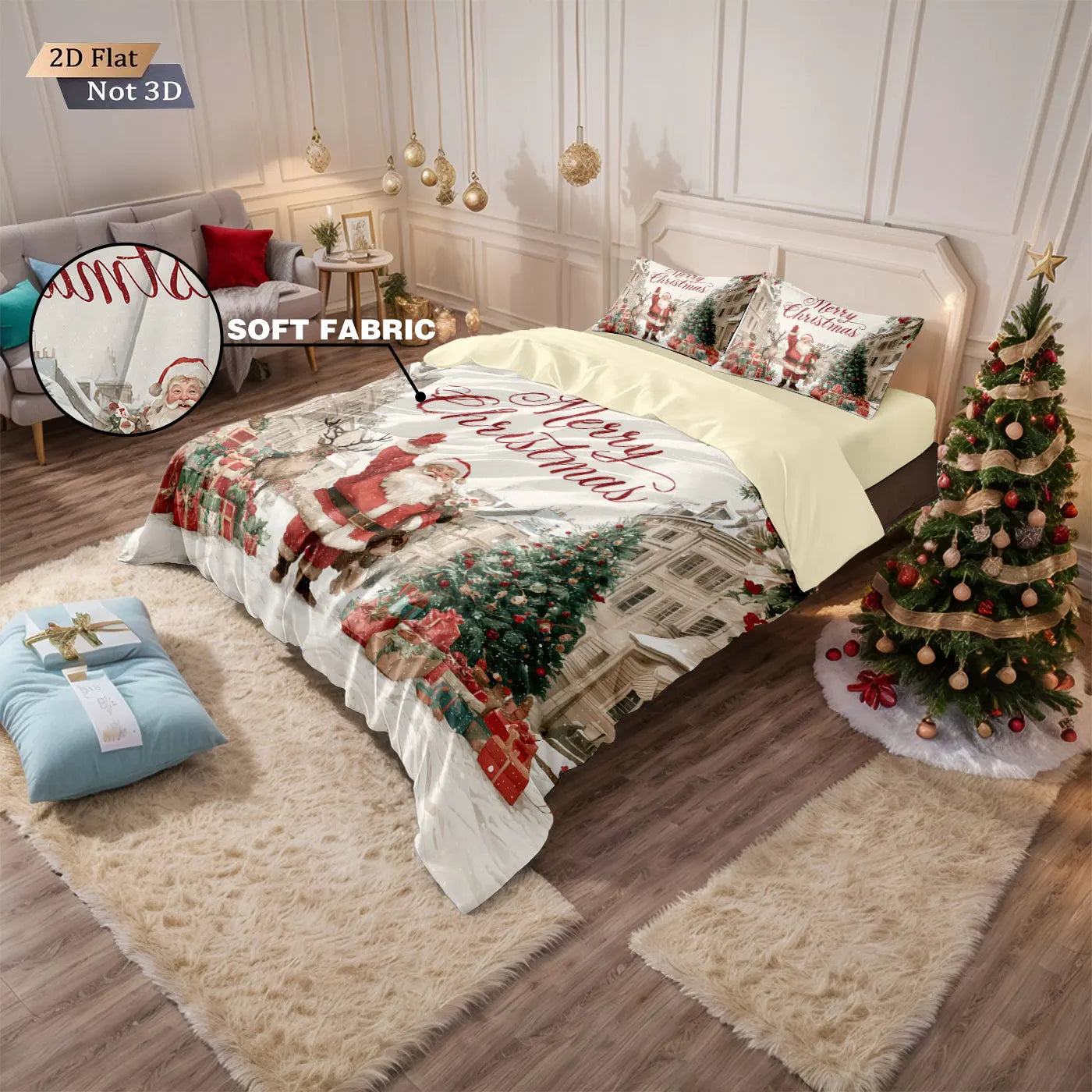 3pcs Merry Christmas, Santa Claus print, coreless down comforter set multi size bedroom bedding decoration  machine washable