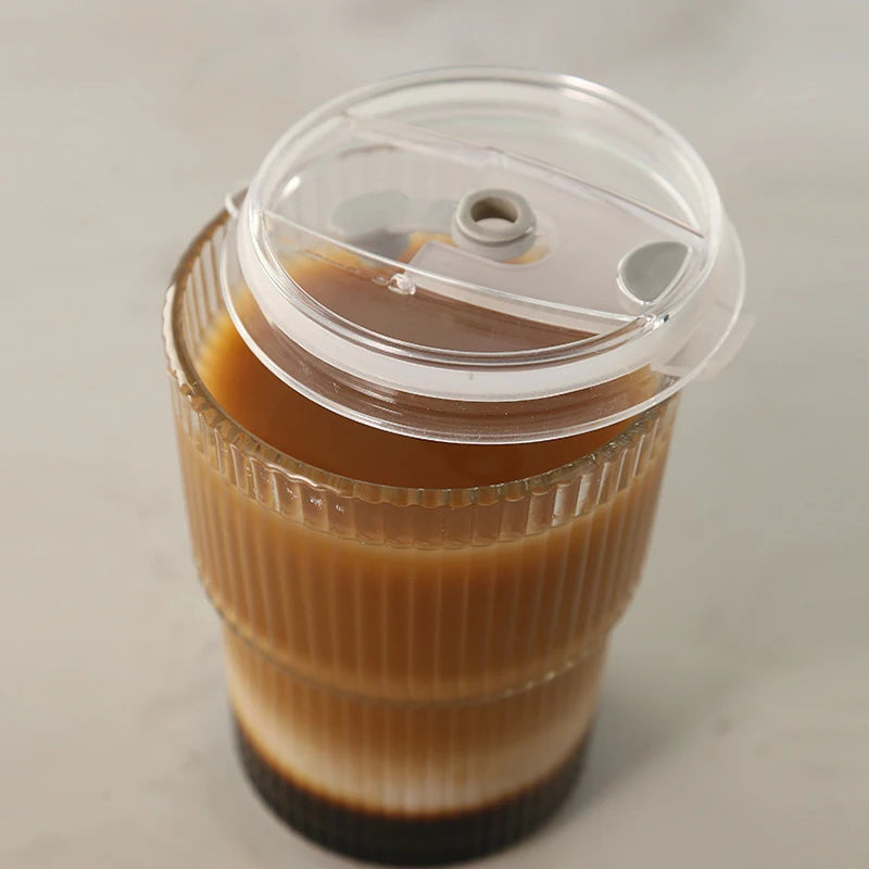 Transparent Glass Cup High Aesthetic Value Vertical Stripes Bamboo Joints Coffee Cup with Lid and Straw Home Portable Water Cup