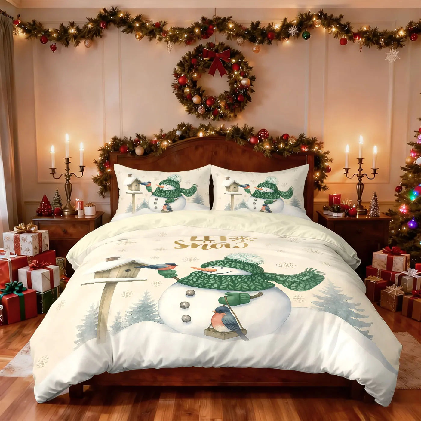 3pcs Merry Christmas cartoon snowman printed coreless down comforter set, multi size bedroom bedding decoration machine washable