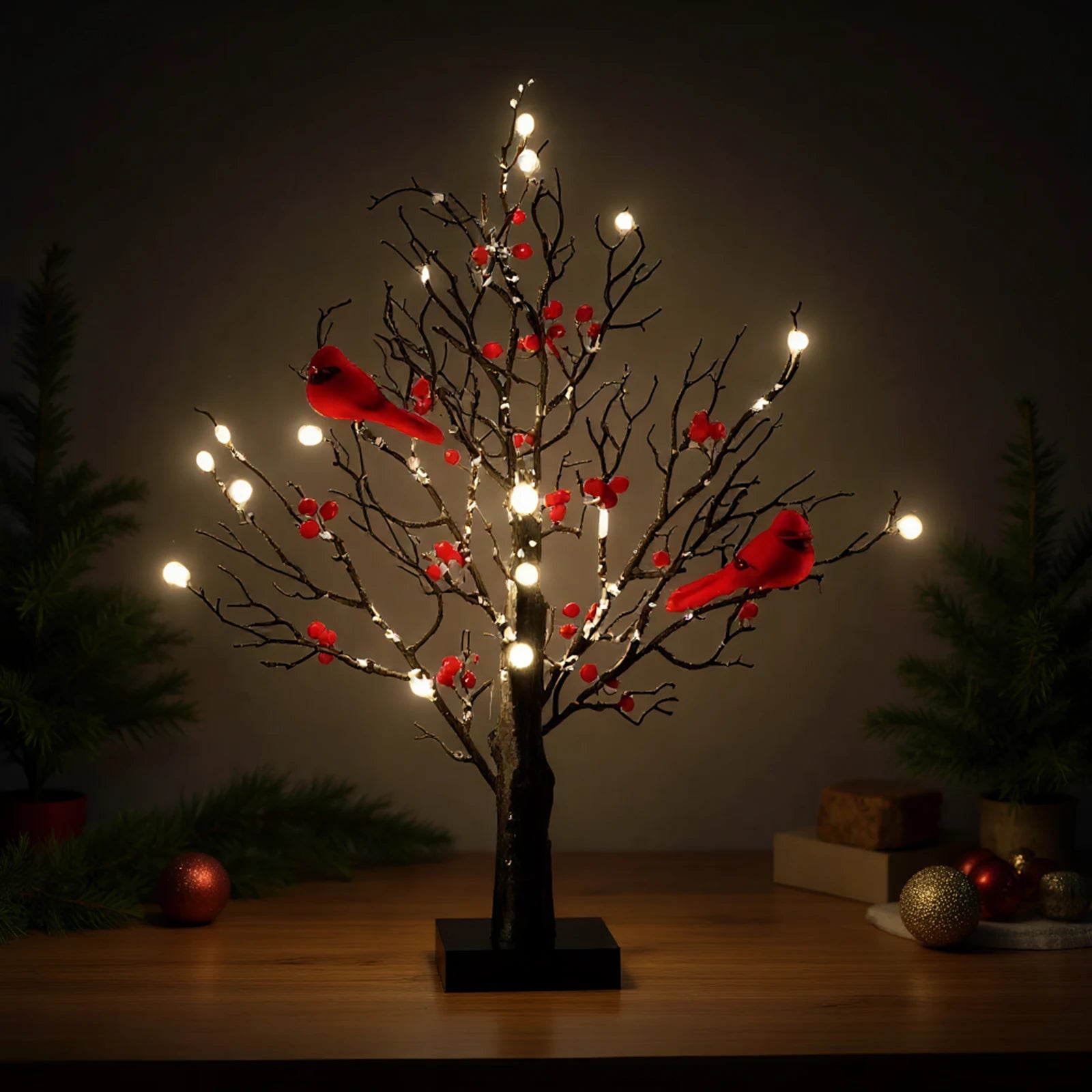 Vintage Glowing Tree with Cardinals Red Bird
