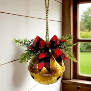 Giant Christmas bell ornaments with ribbons, Christmas tree hanging bell balls, for festive winter farm style decoration.