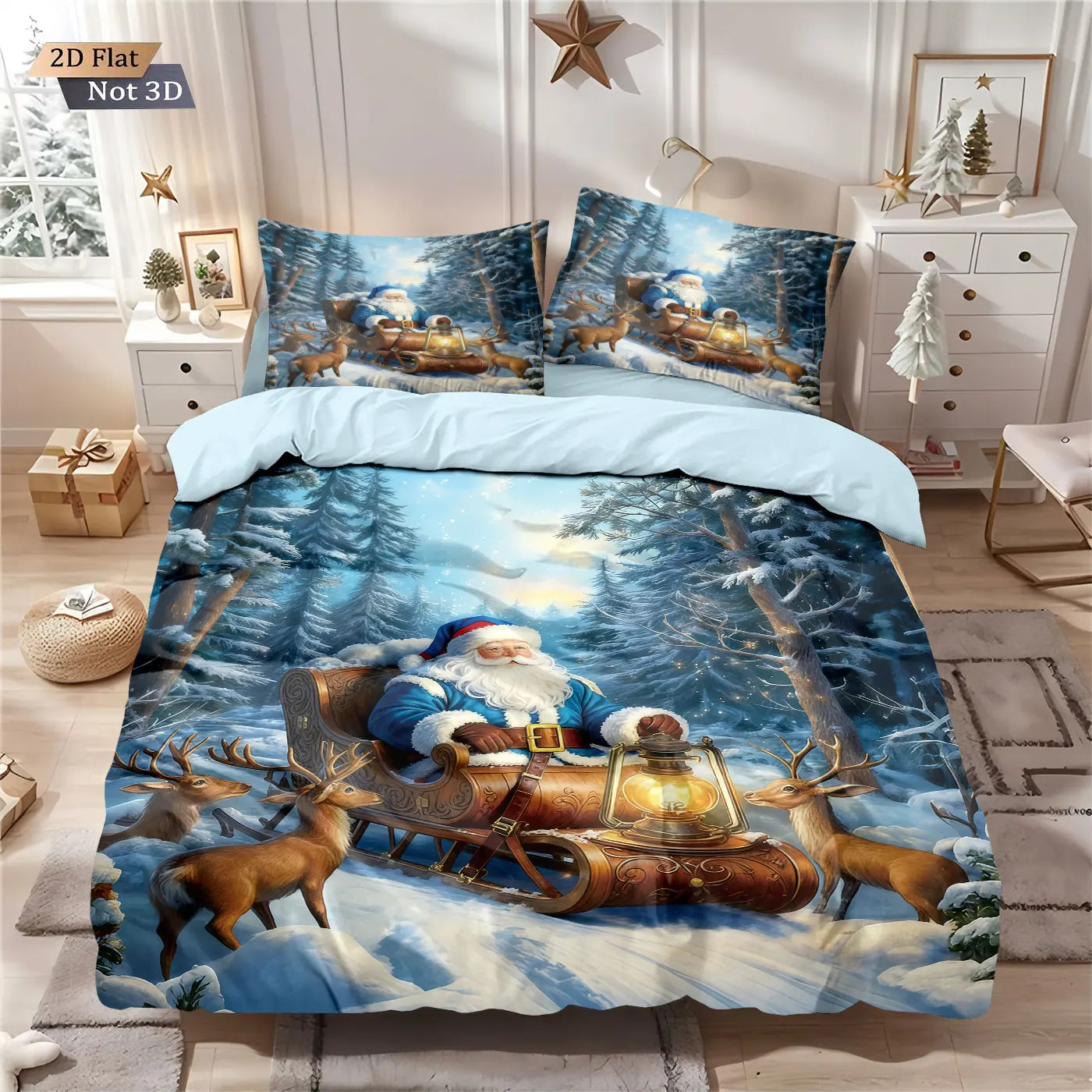 3pcs Forest Christmas Sled Santa Claus Printed Chipless Bedding Set Multi Size Bedroom Bedding Decoration Soft and Comfortable