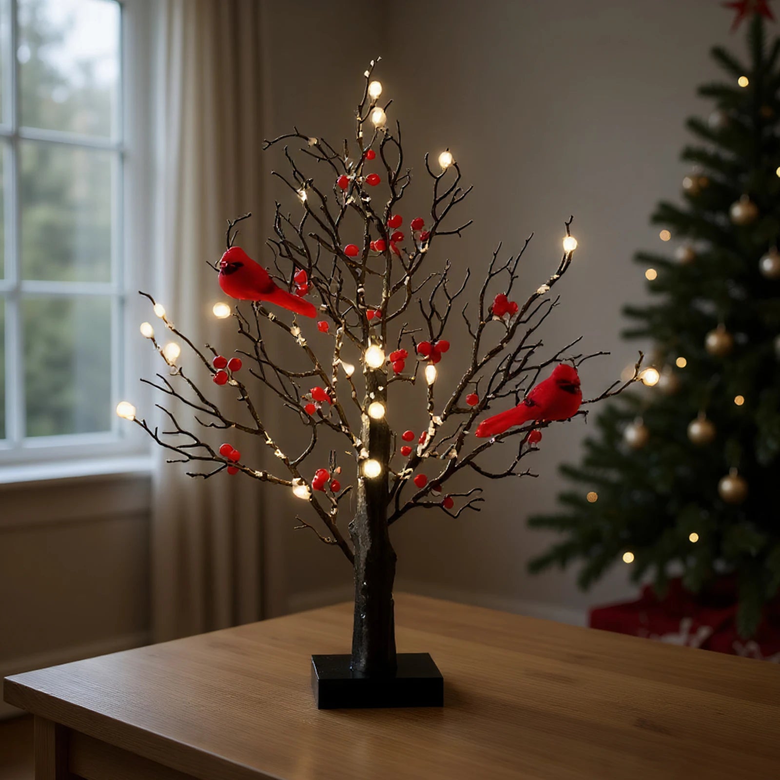 Vintage Glowing Tree with Cardinals Red Bird