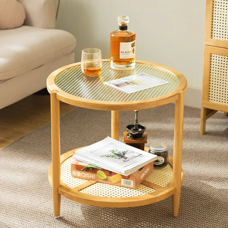 Round coffee table tea table living room household tea table light luxury modern small apartment solid wood bedroom glass