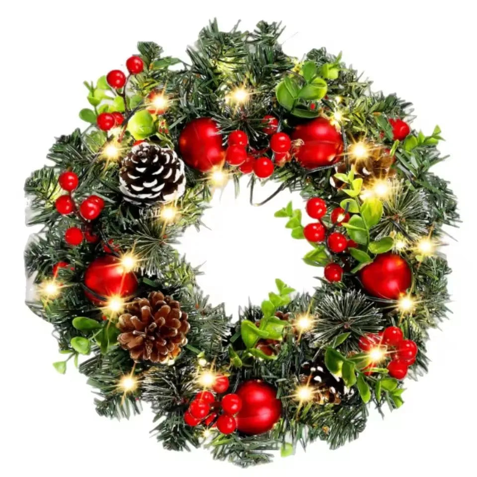 20-60cm Christmas Wreath with LED Fairy Light Door Hanging Garland Pine for Home Decorations Xmas Party Supplies Happy New Year