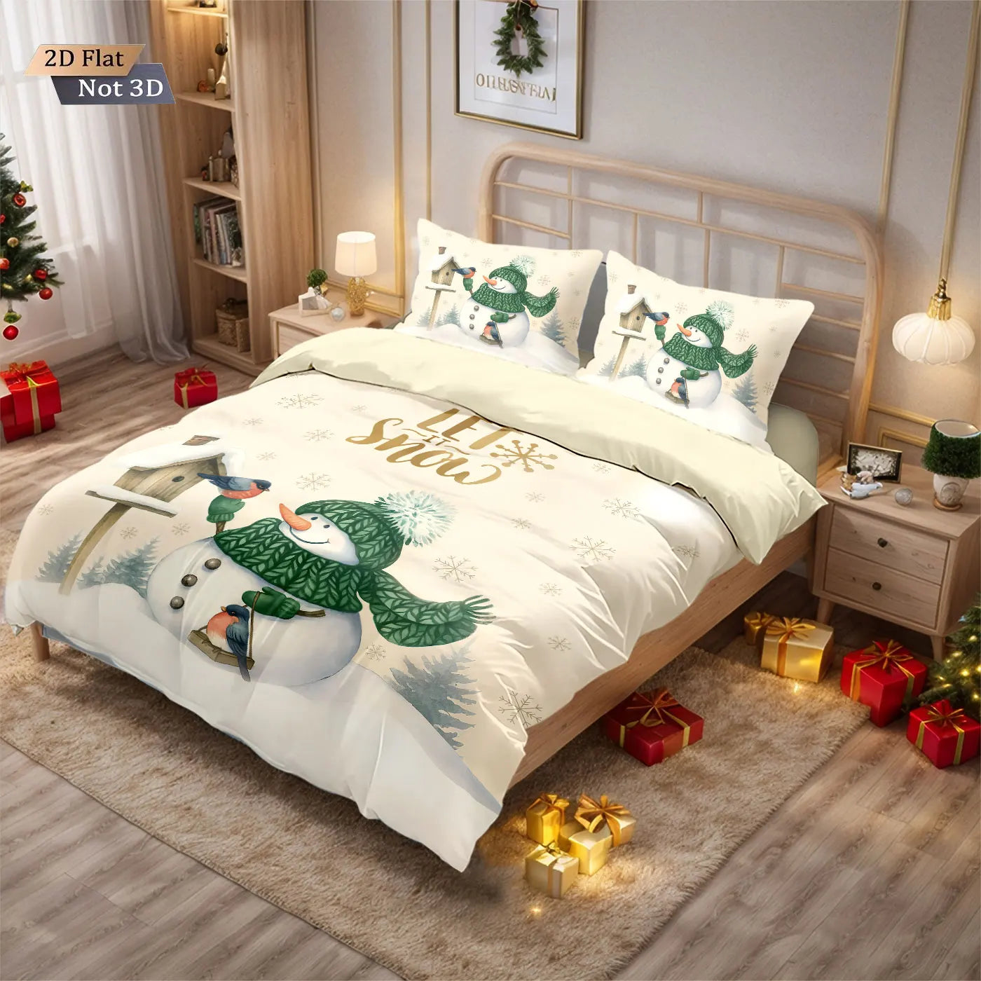 3pcs Merry Christmas cartoon snowman printed coreless down comforter set, multi size bedroom bedding decoration machine washable
