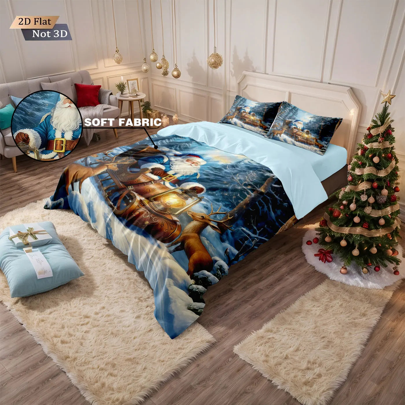 3pcs Forest Christmas Sled Santa Claus Printed Chipless Bedding Set Multi Size Bedroom Bedding Decoration Soft and Comfortable