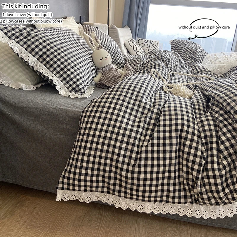 3pcs Black white plaid Duvet cover set (1*Duvet Cover + 2*Pillowcase, Without Core), lace Bedding Set, Soft Comfortable