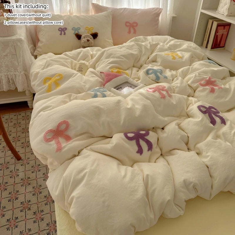 3 Piece Sheet Set Chut bowknot embroidery duvet cover Set ， comfortable Bedding Set Bedspread for All Season